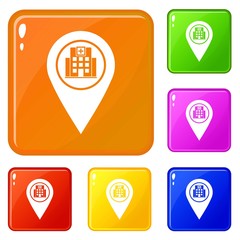 Poster - Geo tag with hospital building sign icons set collection vector 6 color isolated on white background