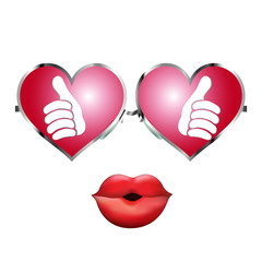 Canvas Print - Thumbs up reflected in cool heart shaped sunglasses. Character that kisses. Positive and approval. Online community. Social network concept. Share and follow. Isolated