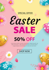 Wall Mural - Easter sale banner design template with colorful eggs and flowers. Use for advertising, flyers, posters, brochure, voucher discount.