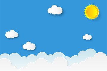 Wall Mural - paper art of yellow sun and white clouds. sky with clouds and sun in paper art design. summer banner