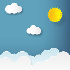 Wall Mural - paper art of yellow sun and white clouds. sky with clouds and sun in paper art design. summer banner