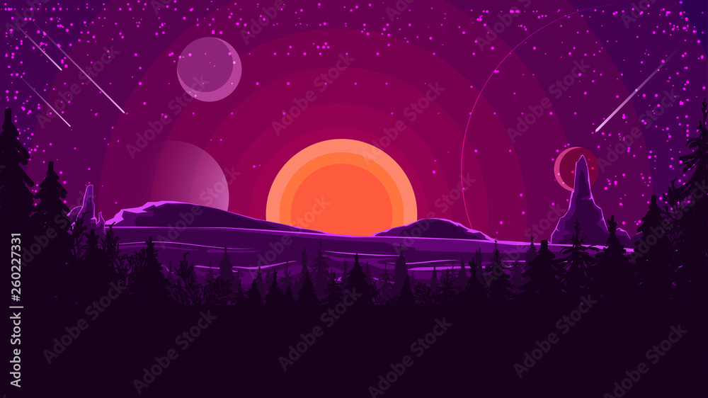 Landscape with sunset behind the mountains, forest and starry sky in purple tones. Vector illustration. - obrazy, fototapety, plakaty 