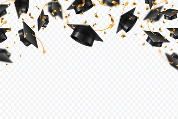 graduation caps confetti. flying students hats with golden ribbons isolated. university, college sch