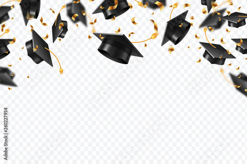 Graduation Caps Confetti Flying Students Hats With Golden Ribbons