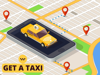 Poster - isometric mobile taxi. online taxi service and payment with smartphone app on city map vector. taxi 
