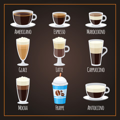 Sticker - Coffee types flat vector collection americano and latte. Illustration of espresso and latte, americano and mocha