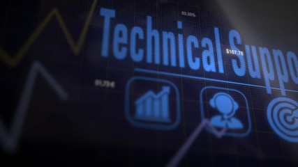 Technical Support on a flashing computer monitor with moving graphs and data.