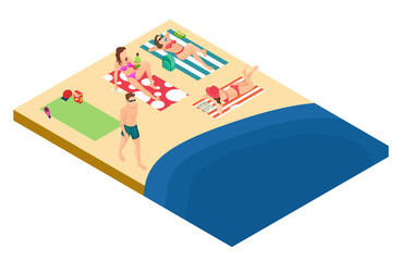 Canvas Print - Man and women rest on the beach isometric vector design. Illustration of isometric tourism on beach