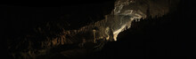 Wide Angle Panoramic View Showing The Opening Of A Cave, Thum Lod Cave, Bang Ma Pha, In Northern Thailand. Touristed Cave With Stalagmites And Stalactites And A River Running Thru It.