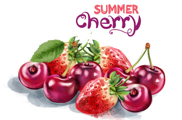 Wall Mural - Strawberry and cherry Vector watercolor. Summer season cards