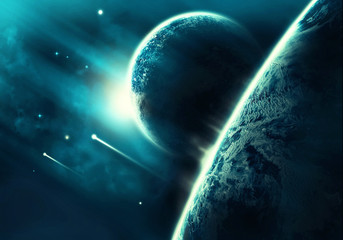 Wall Mural - abstract planet horizon with it's moon with comets falling into it