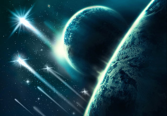 Wall Mural - artistic abstract planet horizon with it's moon with comets falling into it