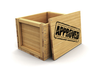 Poster - Wooden crate with stamp Approved. Image with clipping path