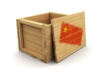 Poster - Wooden crate with stamp Chinese flag. Image with clipping path