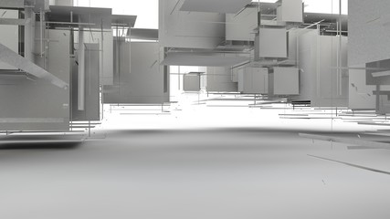 Poster - 3D illustration of a set of geometric objects of white color, fragments of broken cubes, forming a cloud of elements of regular shape in space. 3D rendering of abstract background.