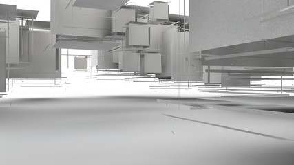 Poster - 3D illustration of a set of geometric objects of white color, fragments of broken cubes, forming a cloud of elements of regular shape in space. 3D rendering of abstract background.