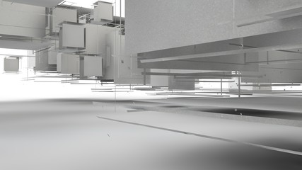 Poster - 3D illustration of a set of geometric objects of white color, fragments of broken cubes, forming a cloud of elements of regular shape in space. 3D rendering of abstract background.