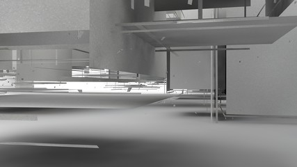 Poster - 3D illustration of a set of geometric objects of white color, fragments of broken cubes, forming a cloud of elements of regular shape in space. 3D rendering of abstract background.