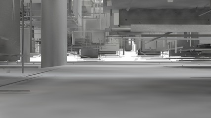 Poster - 3D rendering of an exploded cube on a white background. Many segments randomly scattered in space, having different shapes. Illustration, abstraction, surrealism of mathematical Sciences.