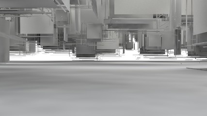 Poster - 3D rendering of an exploded cube on a white background. Many segments randomly scattered in space, having different shapes. Illustration, abstraction, surrealism of mathematical Sciences.