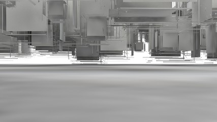 Poster - 3D rendering of an exploded cube on a white background. Many segments randomly scattered in space, having different shapes. Illustration, abstraction, surrealism of mathematical Sciences.