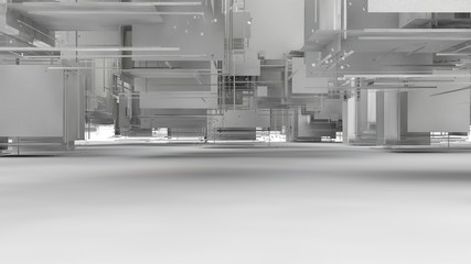 Poster - 3D illustration of chaos, cloud of debris, the explosion of the cubes decay on the part. Gray elements hang in the space above the white surface. 3D rendering of futuristic design, isolated