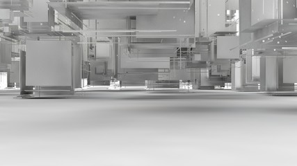 Poster - 3D illustration of chaos, cloud of debris, the explosion of the cubes decay on the part. Gray elements hang in the space above the white surface. 3D rendering of futuristic design, isolated