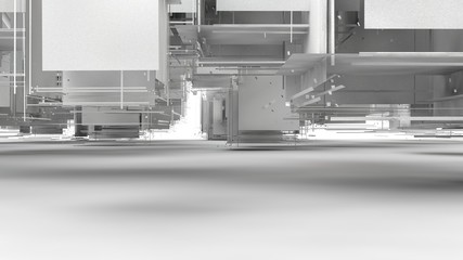Poster - 3D illustration of chaos, cloud of debris, the explosion of the cubes decay on the part. Gray elements hang in the space above the white surface. 3D rendering of futuristic design, isolated