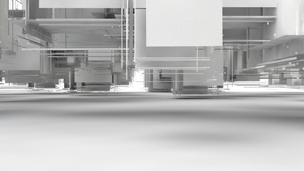 Poster - 3D illustration of chaos, cloud of debris, the explosion of the cubes decay on the part. Gray elements hang in the space above the white surface. 3D rendering of futuristic design, isolated