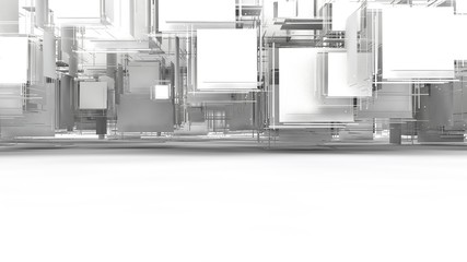 Poster - 3D illustration of chaos, cloud of debris, the explosion of the cubes decay on the part. Gray elements hang in the space above the white surface. 3D rendering of futuristic design, isolated