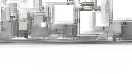 Poster - 3D illustration of chaos, cloud of debris, the explosion of the cubes decay on the part. Gray elements hang in the space above the white surface. 3D rendering of futuristic design, isolated