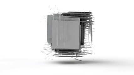 Poster - 3d rendering of several cubes destroyed on elements. Array of fragments hanging in space, isolated on white background. 3d illustration, abstraction, the idea of chaos, disorder, structure and harmony