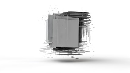 Poster - 3d rendering of several cubes destroyed on elements. Array of fragments hanging in space, isolated on white background. 3d illustration, abstraction, the idea of chaos, disorder, structure and harmony