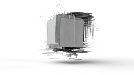 Poster - 3d rendering of several cubes destroyed on elements. Array of fragments hanging in space, isolated on white background. 3d illustration, abstraction, the idea of chaos, disorder, structure and harmony