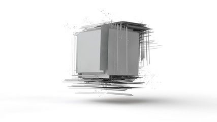 Poster - 3d rendering of several cubes destroyed on elements. Array of fragments hanging in space, isolated on white background. 3d illustration, abstraction, the idea of chaos, disorder, structure and harmony
