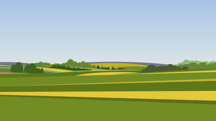green landscape with yellow fields. lovely rural nature. unlimited space. vector illustration.