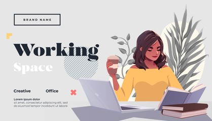 Working space Landing page template. Young female freelancer is sitting in modern hipster cafe with laptopn. Vector illustration