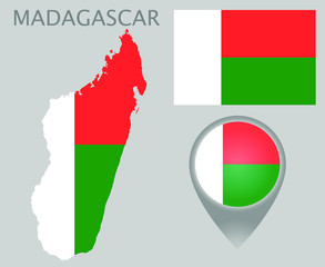 Wall Mural - Colorful flag, map pointer and map of Madagascar in the colors of the Madagascar flag. High detail. Vector illustration