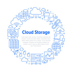 Poster - Cloud data storage circle poster with line icons. Database background, information, server center, global network, backup, security vector illustrations. Technology blue white template