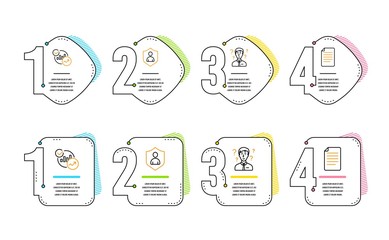 Poster - Support consultant, Statistics and Security icons simple set. File sign. Question mark, Report charts, Private protection. Paper page. Business set. Infographic timeline. Line support consultant icon