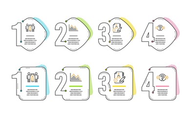 Poster - Investment graph, Partnership and Algorithm icons simple set. Quiz test sign. Investment infochart, Business startup, Project. Select answer. Education set. Infographic timeline. Vector