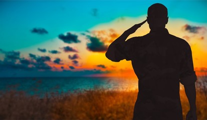 Wall Mural - Young military soldier man silhouette on background