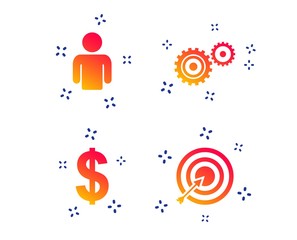 Poster - Business icons. Human silhouette and aim targer with arrow signs. Dollar currency and gear symbols. Random dynamic shapes. Gradient business icon. Vector