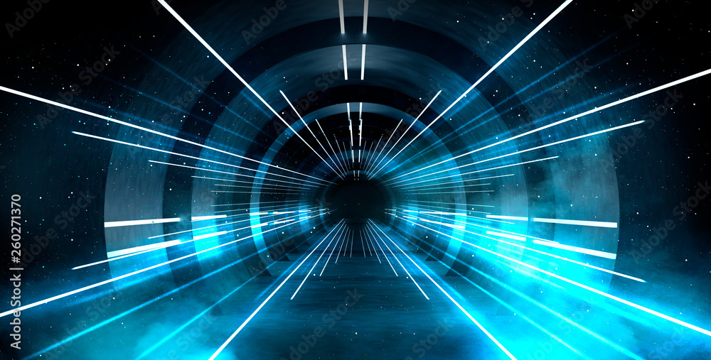 Abstract tunnel, corridor with rays of light and new highlights. Abstract blue background, neon. Scene with rays and lines, Round arch, light in motion, night view. - obrazy, fototapety, plakaty 