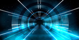 Fototapeta  - Abstract tunnel, corridor with rays of light and new highlights. Abstract blue background, neon. Scene with rays and lines, Round arch, light in motion, night view.