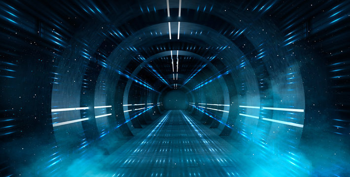 Abstract tunnel, corridor with rays of light and new highlights. Abstract blue background, neon. Scene with rays and lines, Round arch, light in motion, night view.