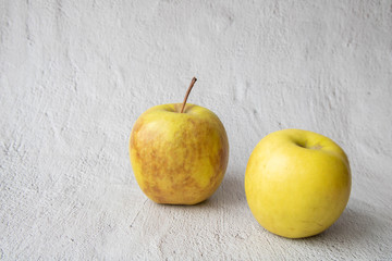 ugly food Two apples, one beautiful one and one spotted on a grey concrete background