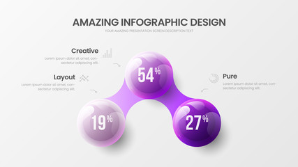 Business 3 option infographic presentation vector 3D colorful balls illustration. Corporate marketing analytics data report design layout. Company statistics information graphic visualization template