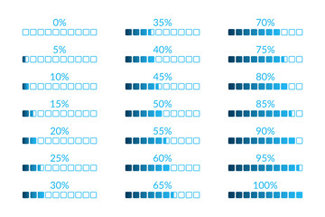 Wall Mural - Percentage vector infographic icons isolated. 5 10 15 20 25 30 35 40 45 50 55 60 65 70 75 80 85 90 95 100 0 percent square charts set for business, finance, web, design, download, progress, template