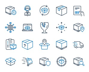 Aufkleber - Logistics, Shipping document line icons. Set of Truck Delivery, Box and Checklist icons. Parcel tracking shipping, World trade logistics. Location pin, Goods parcel insurance and document. Vector